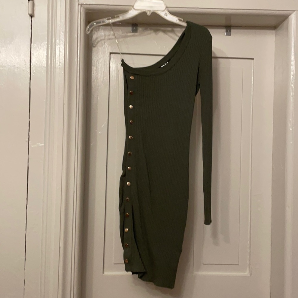Asymmetrical bodycon olive green brass hardware